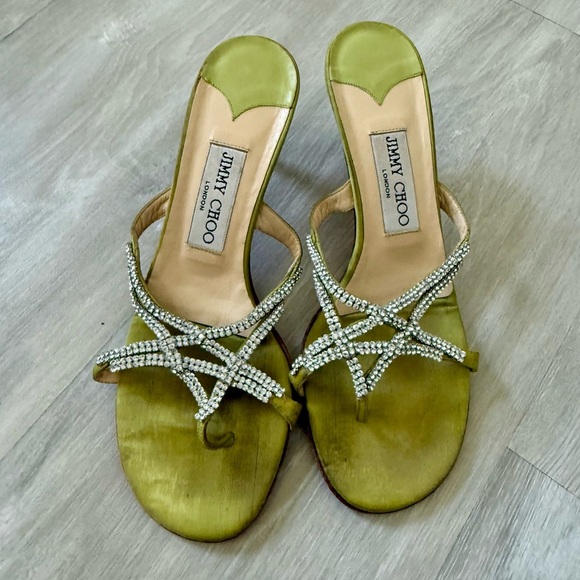 Jimmy Choo lime green Rhinestone Satin Sandals low heel sz 37.5 - Picture 1 of 9